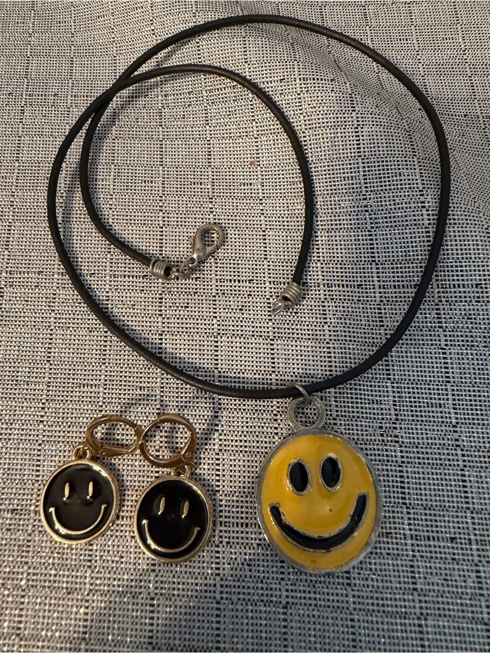 Yellow Smiley Pendant Necklace with Black Cord and Matching Earrings